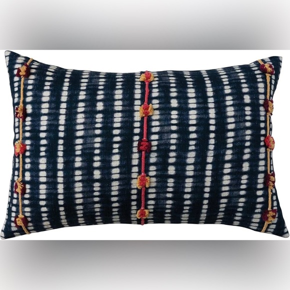 Creative Co-Op Cotton Slub Tie Dye Lumbar Pillow Cover Embroidered Accents, Navy - Picture 1 of 6